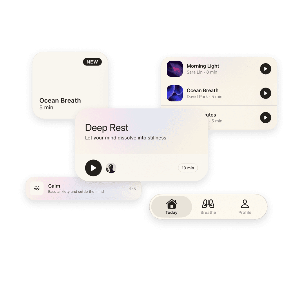 Zen meditation app components — session cards, player controls and tab bar