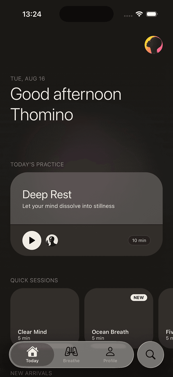 Zen home screen in dark mode