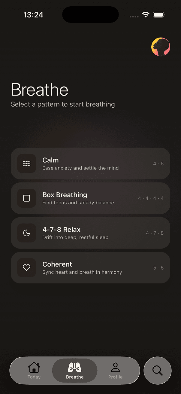 Zen breathing patterns in dark mode