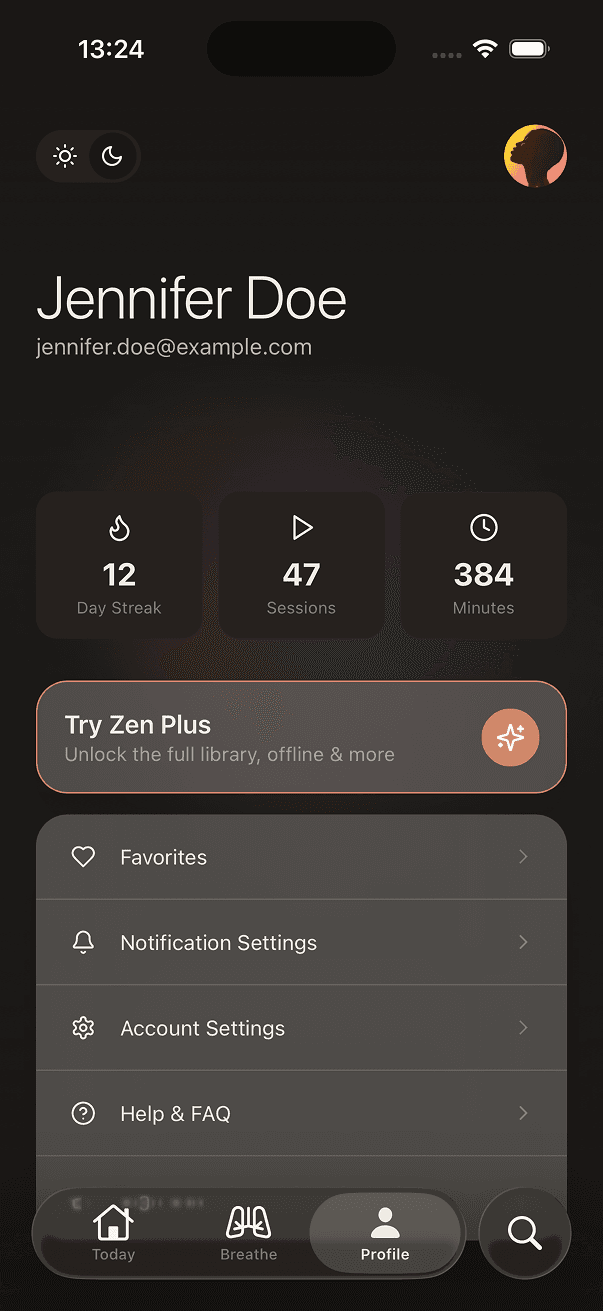 Zen profile and streak stats in dark mode