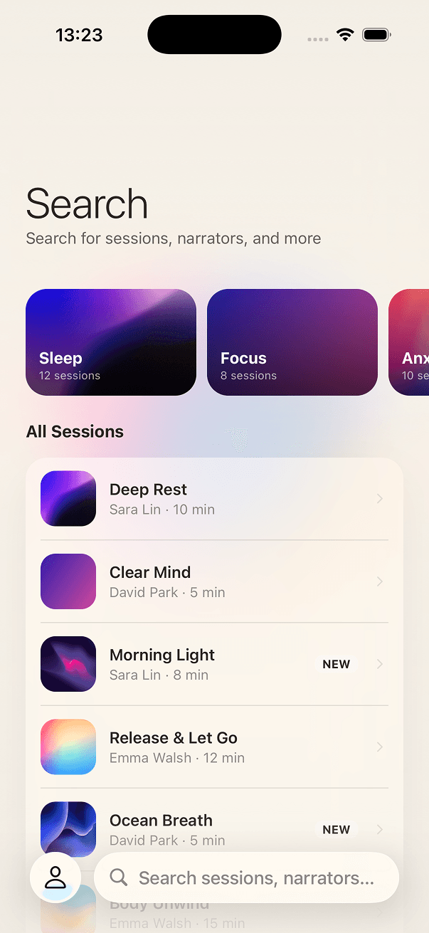 Zen search screen with categories and full session list