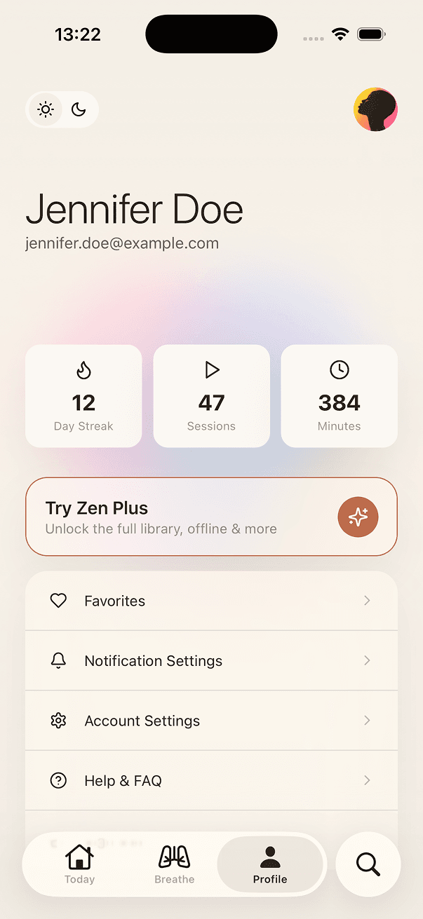 Zen profile screen with streak, session and minute stats