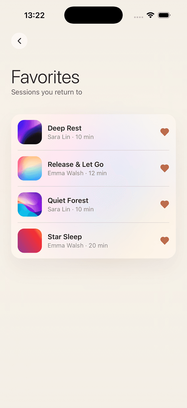 Zen favorites screen with saved sessions