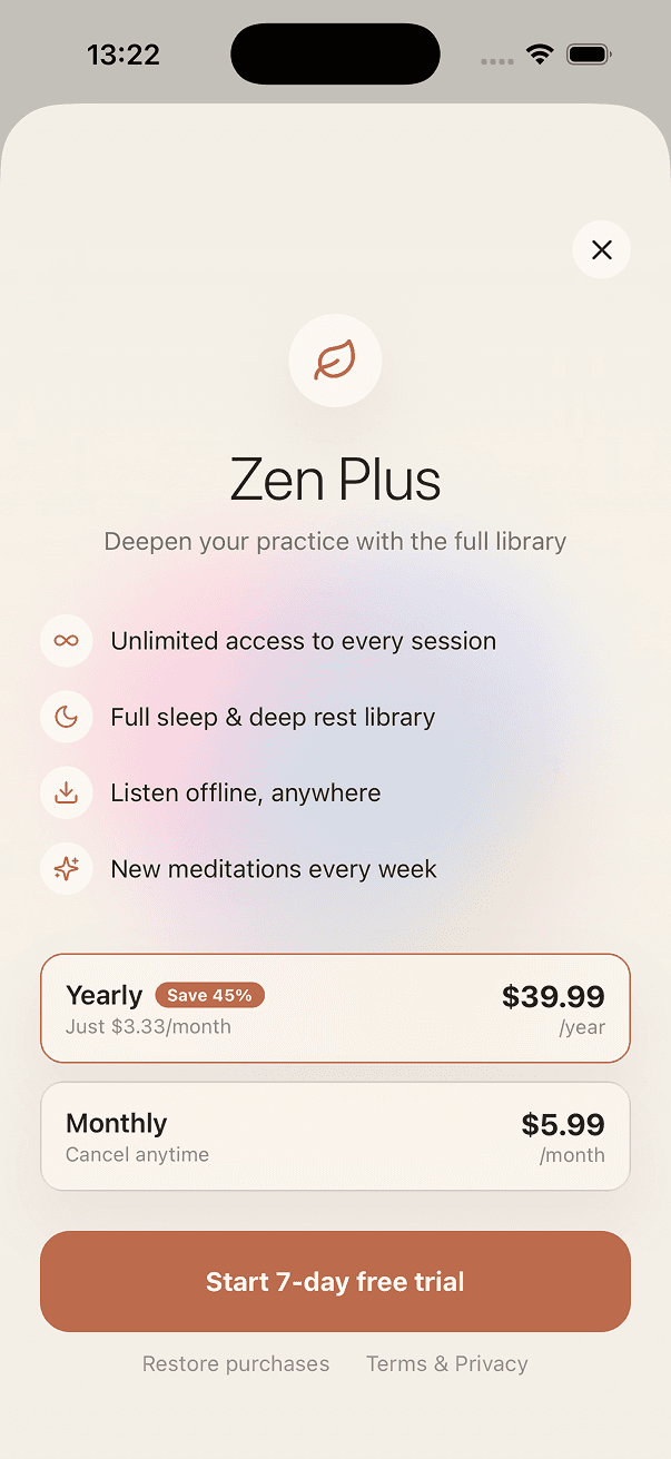 Zen Plus paywall with yearly and monthly plans