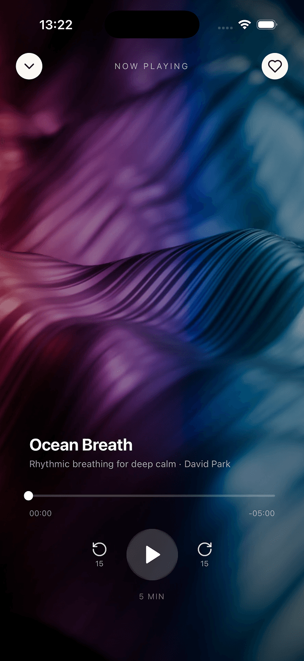 Zen full-screen meditation player with gradient artwork
