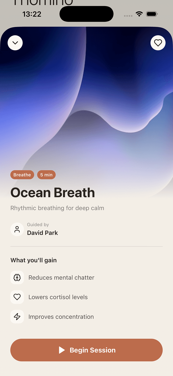Zen session detail screen with narrator and benefits