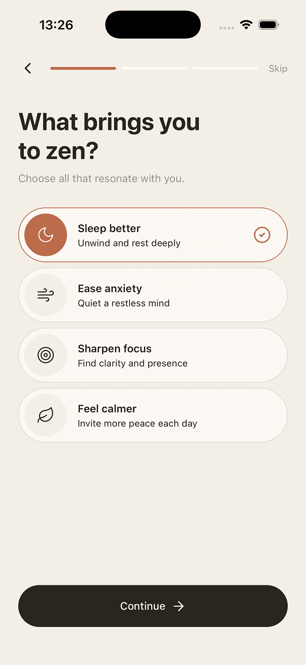 Zen onboarding — choose what brings you to meditation