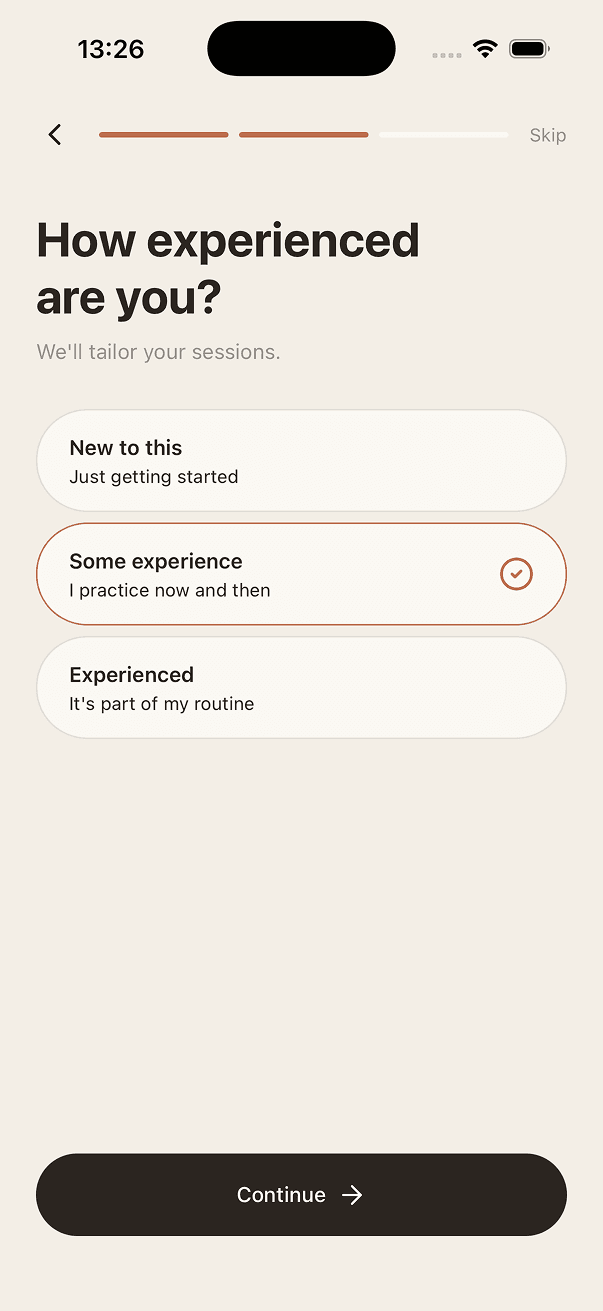 Zen onboarding — select your experience level