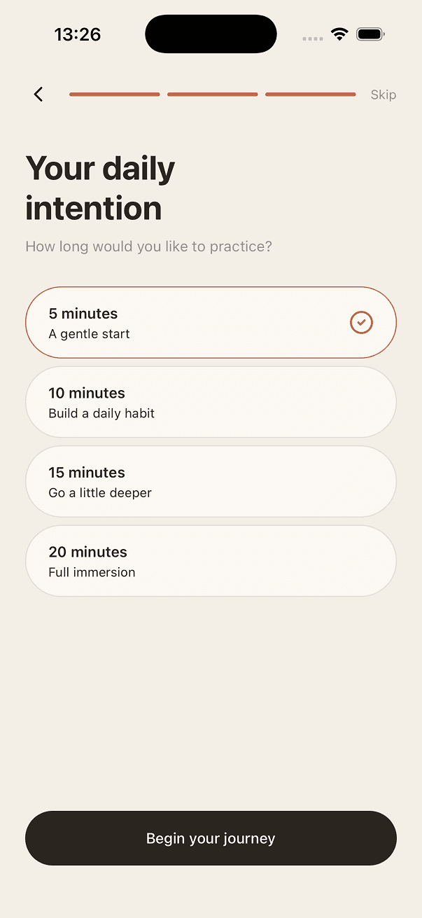 Zen onboarding — set your daily practice intention