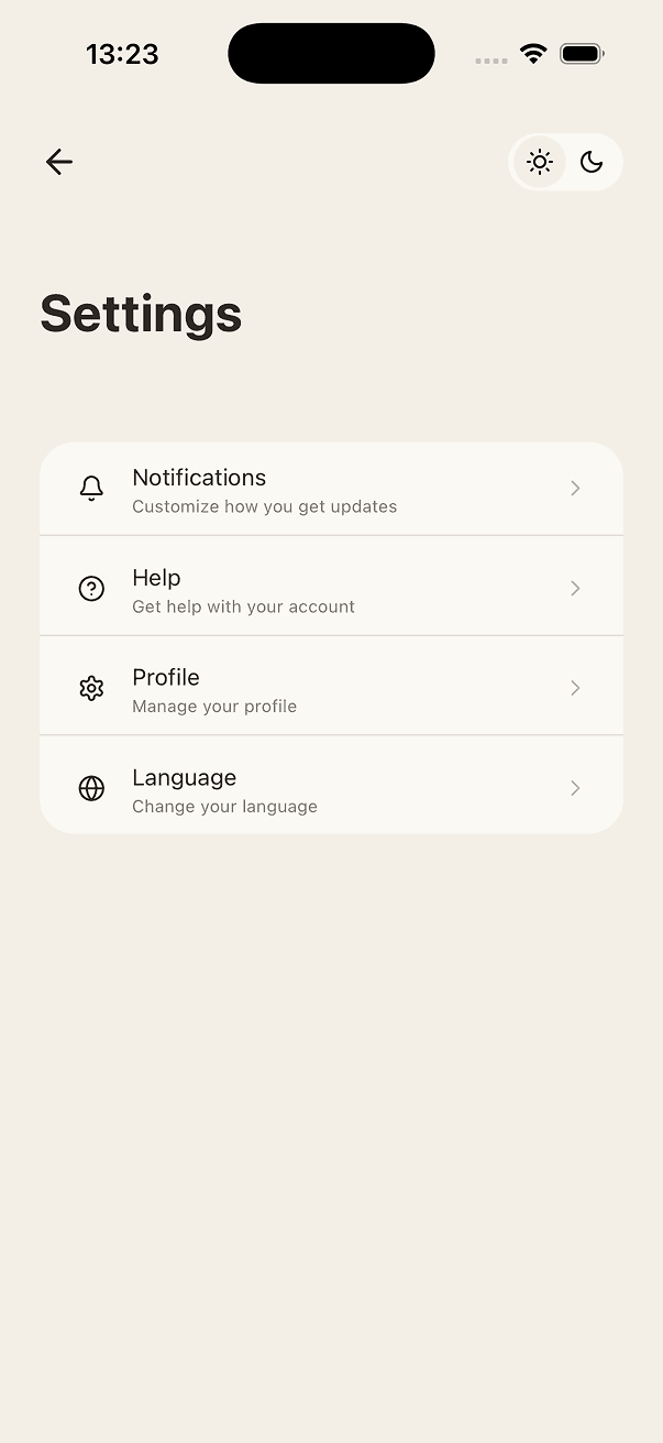 Zen settings screen with theme toggle