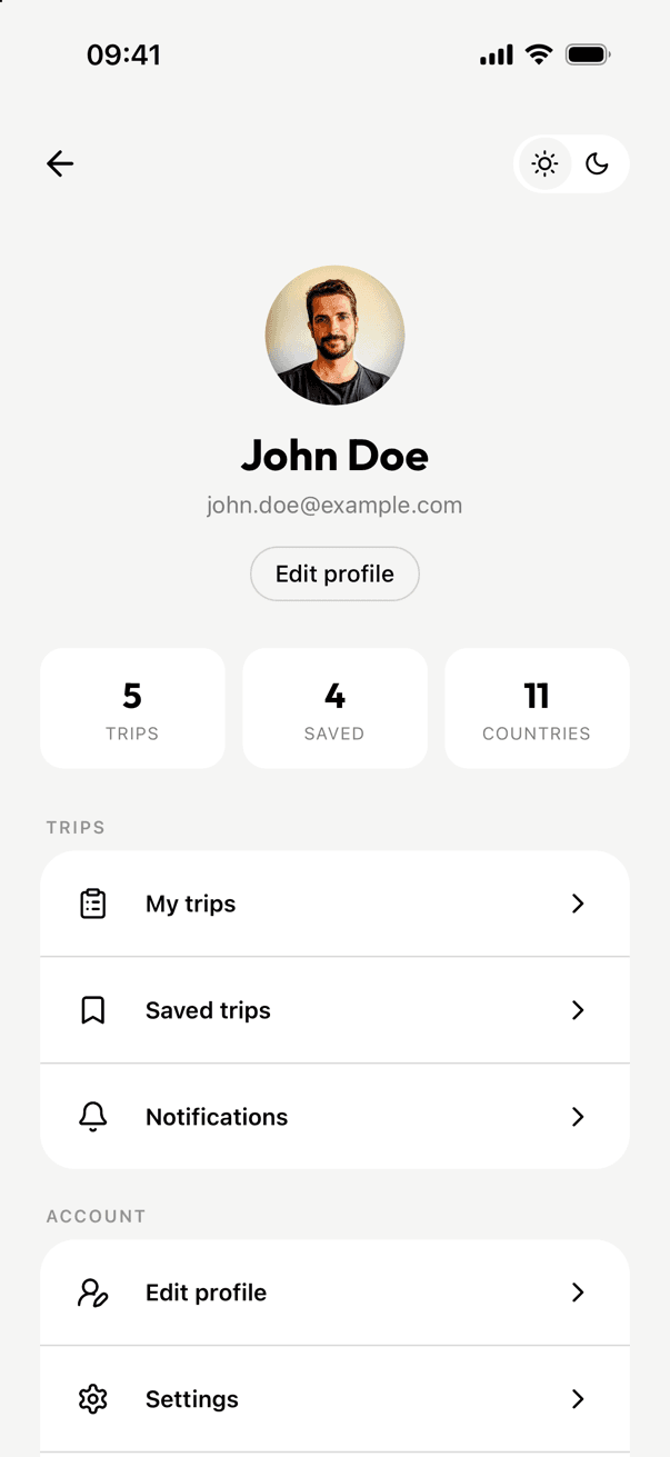 Strider account screen with stats and grouped links