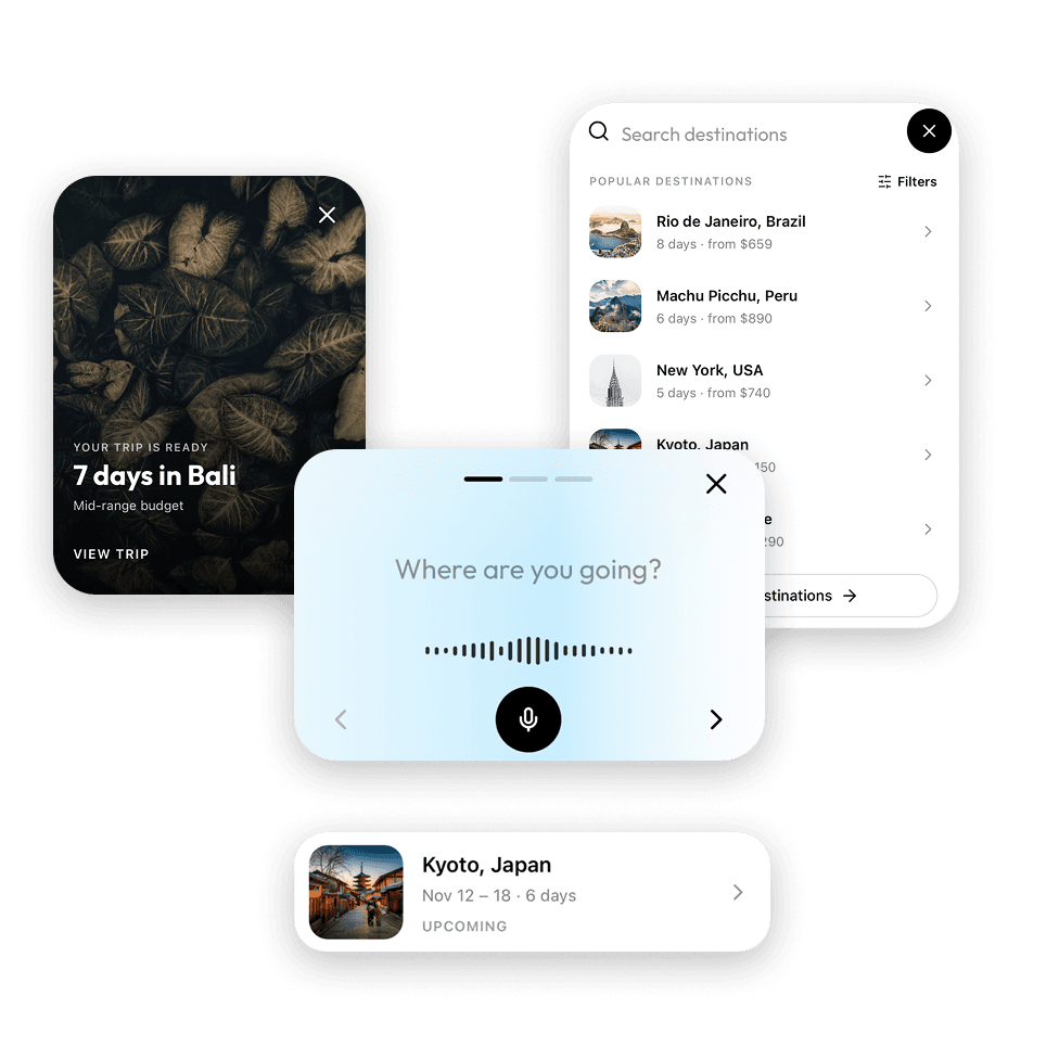 Strider travel app components — AI planner, trip cards, search and filters