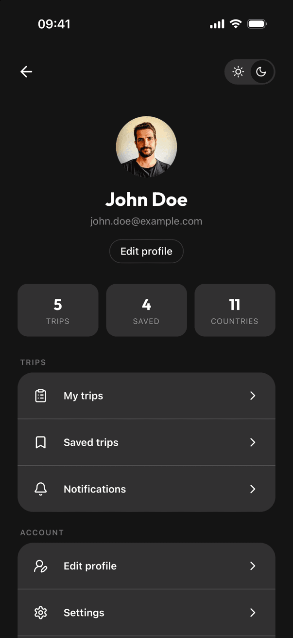 Strider account screen in dark mode