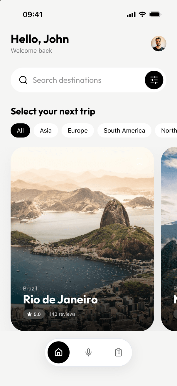 Strider AI trip planner app home screen