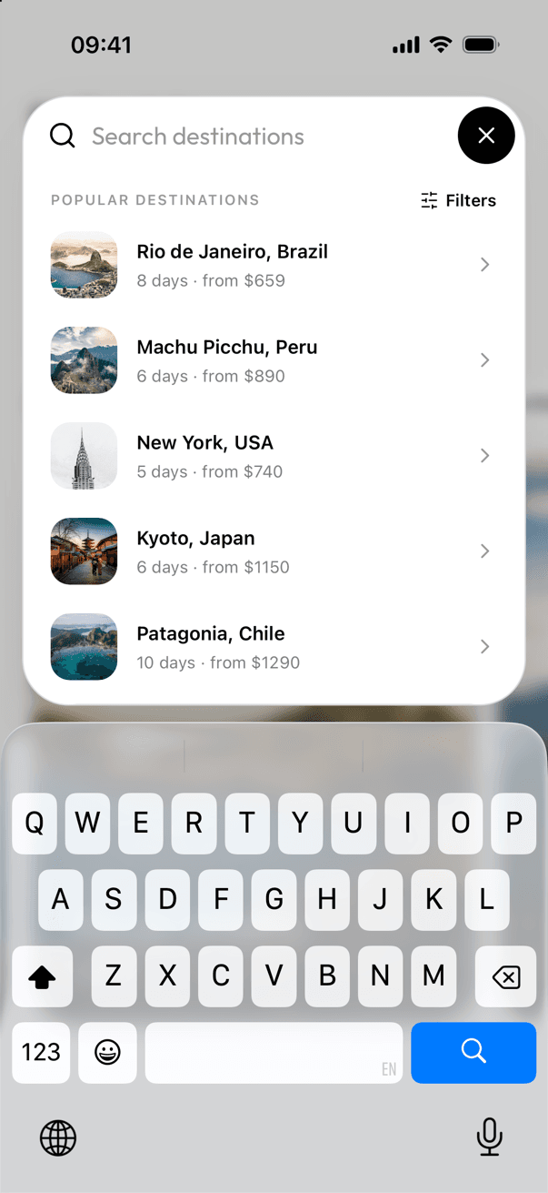 Strider morphing search panel with popular destinations