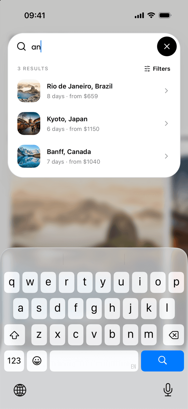 Strider search panel with live results