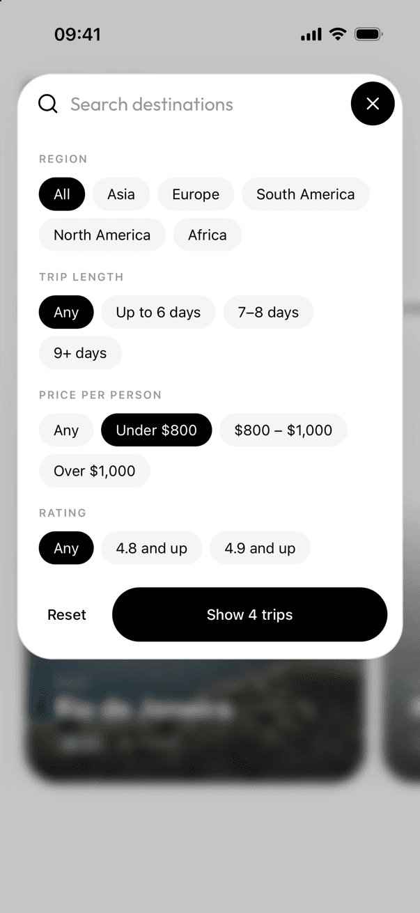 Strider filters panel — region, trip length, price and rating