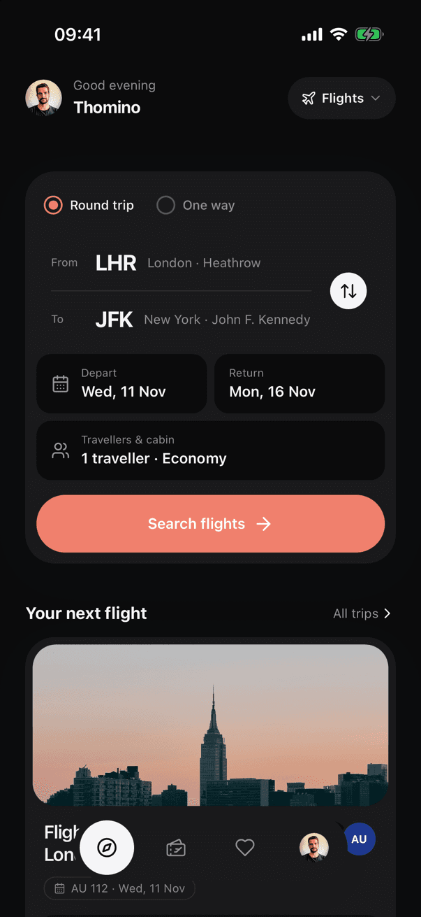 UniFlight dark mode screen 1