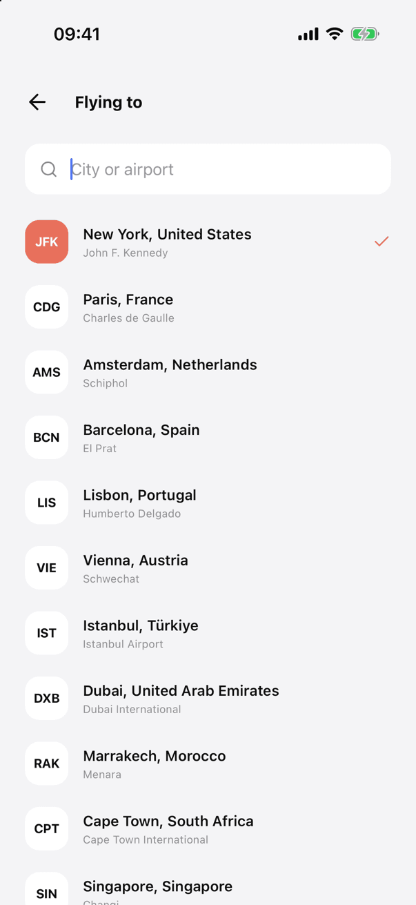 UniFlight flight booking flow screen 1