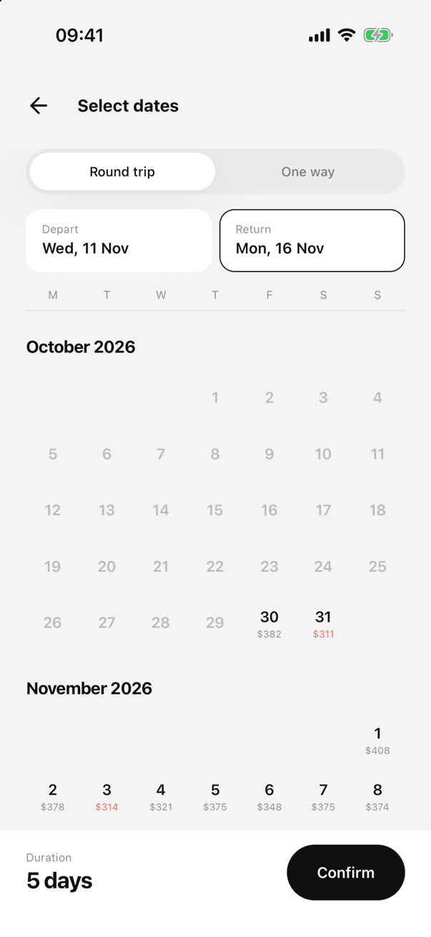 UniFlight flight booking flow screen 2