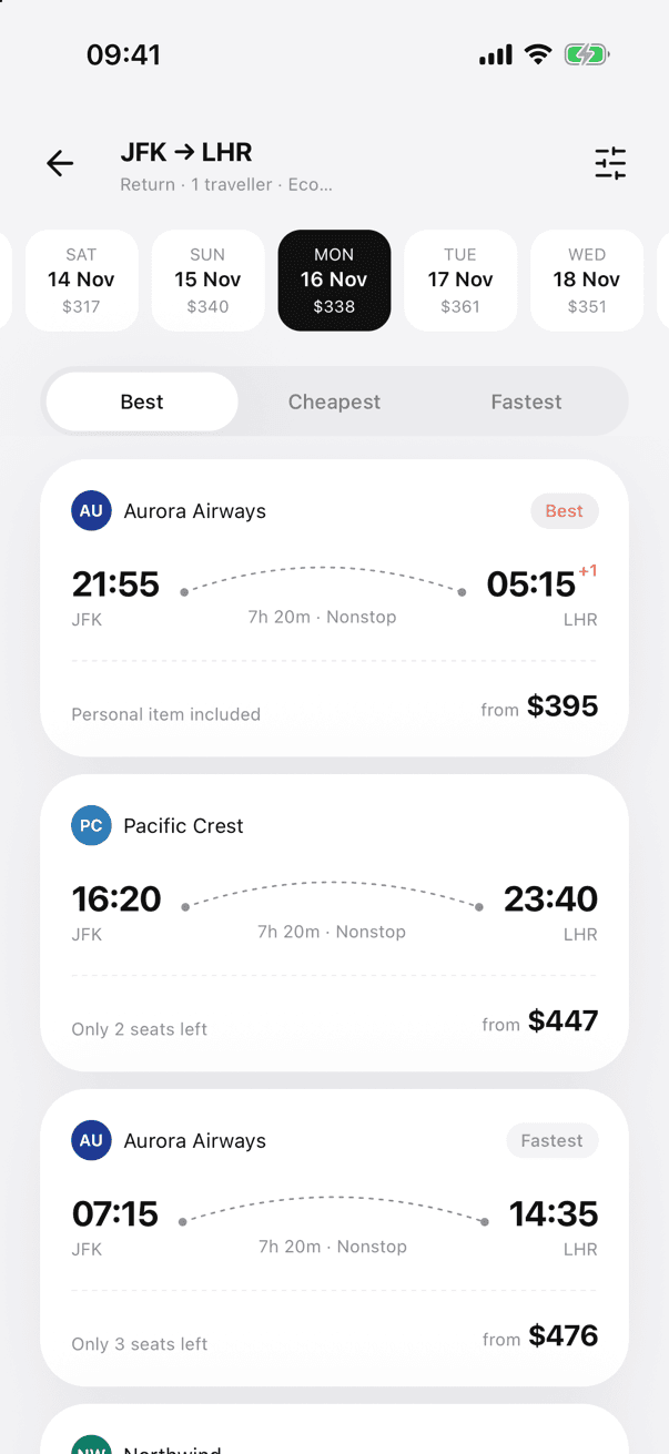 UniFlight flight booking flow screen 3