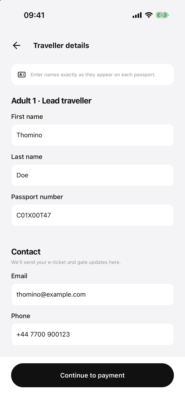UniFlight flight booking flow screen 4