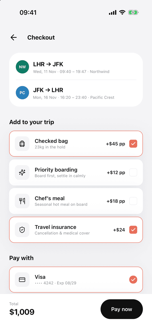 UniFlight flight booking flow screen 5