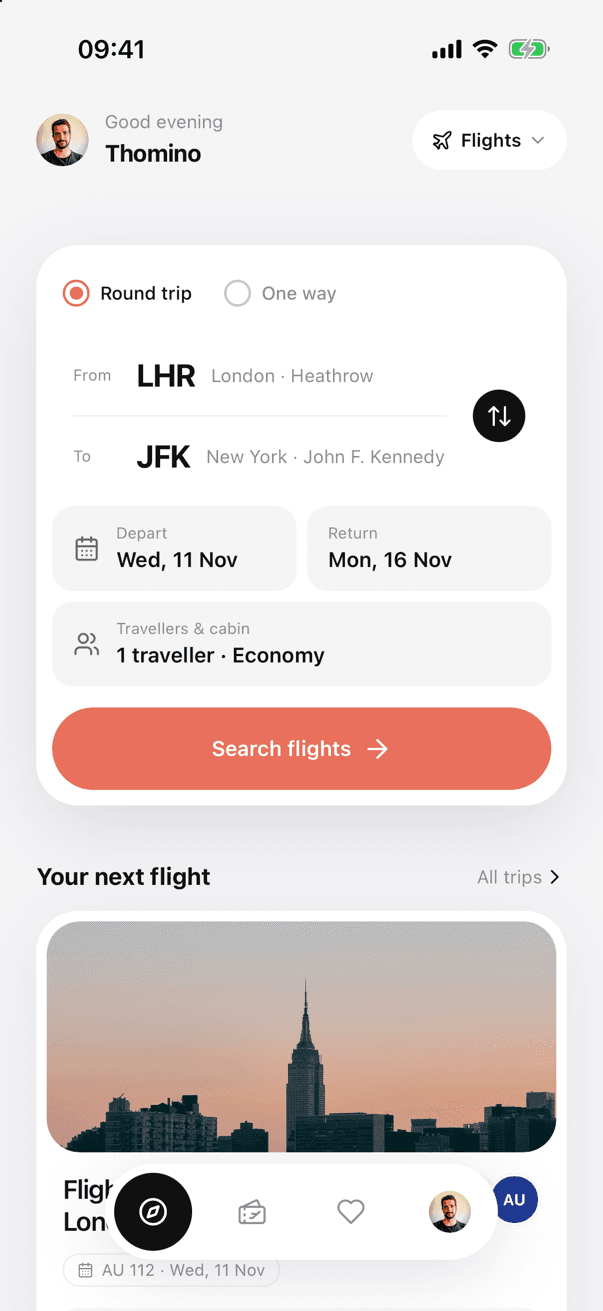 UniFlight flight booking screen 1