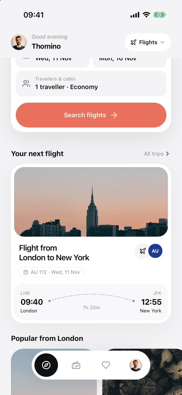 UniFlight flight booking screen 2