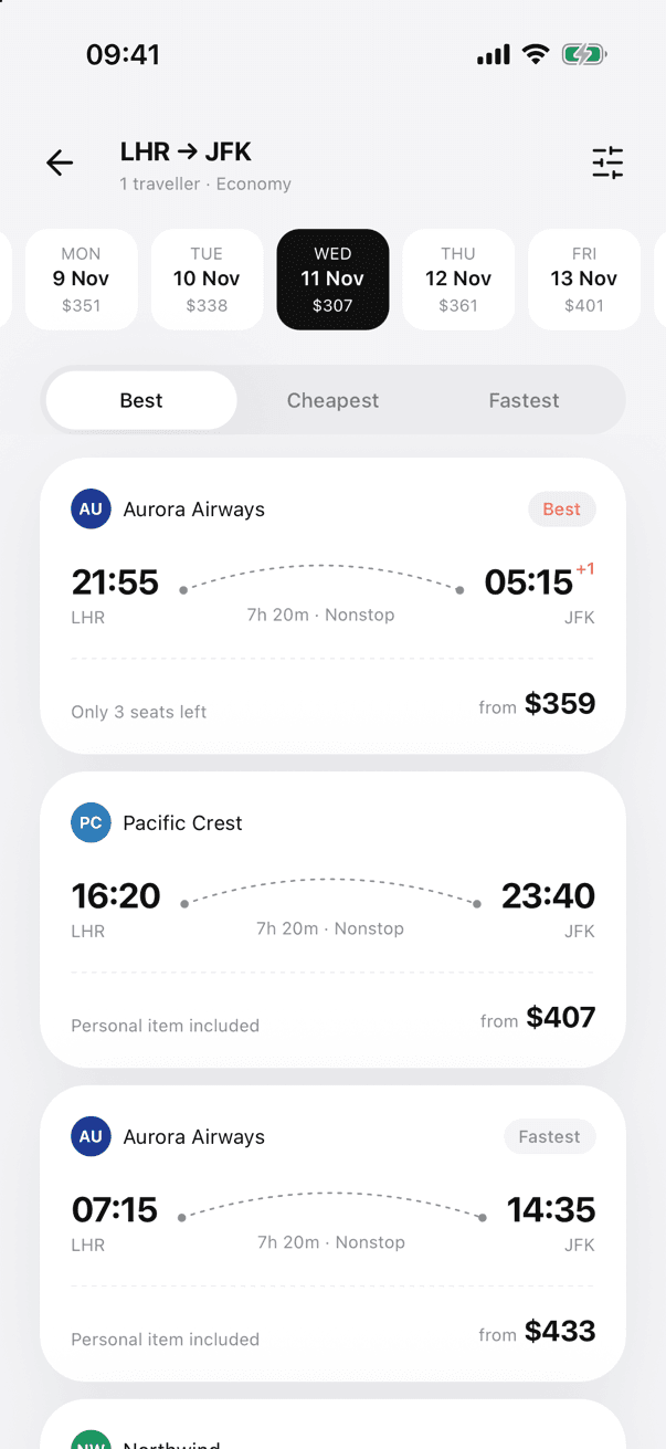 UniFlight flight booking screen 3