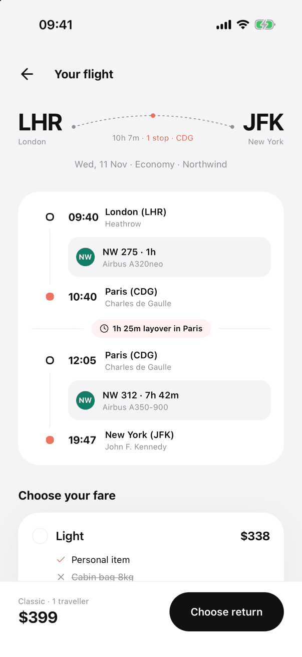 UniFlight flight booking screen 4