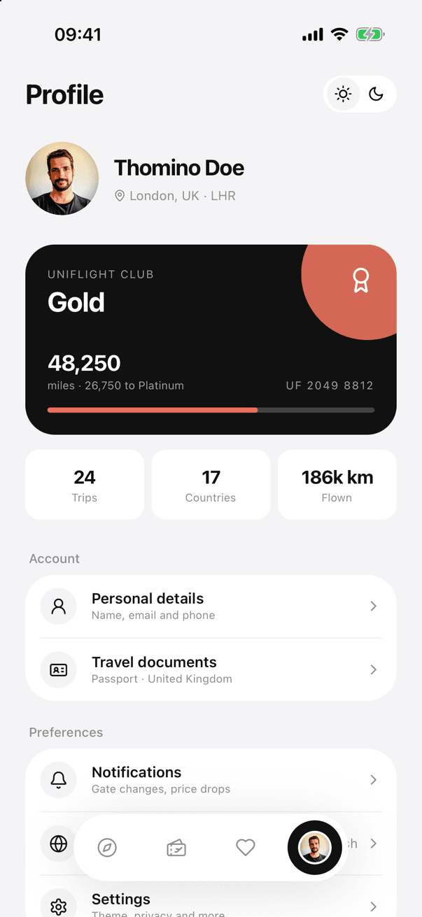 UniFlight account and settings screen 1