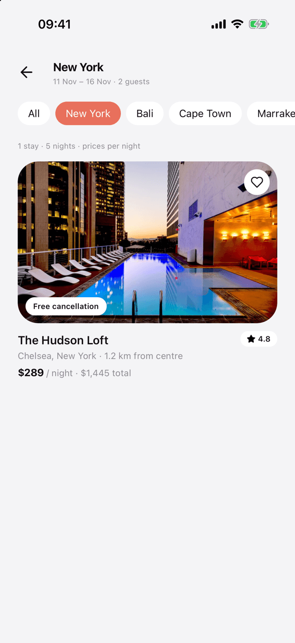 UniFlight hotel and car rental screen 1