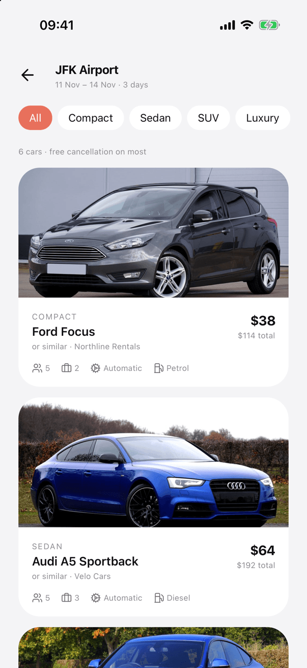 UniFlight hotel and car rental screen 3